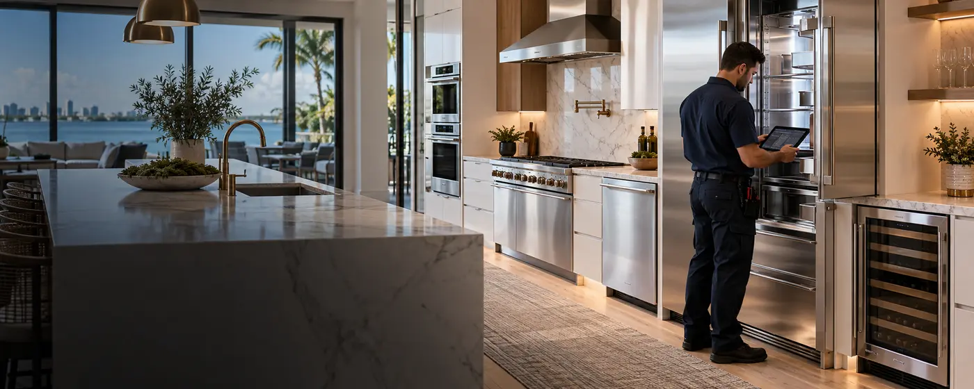 Appliance technician inspecting a built-in refrigerator in a modern Florida kitchen